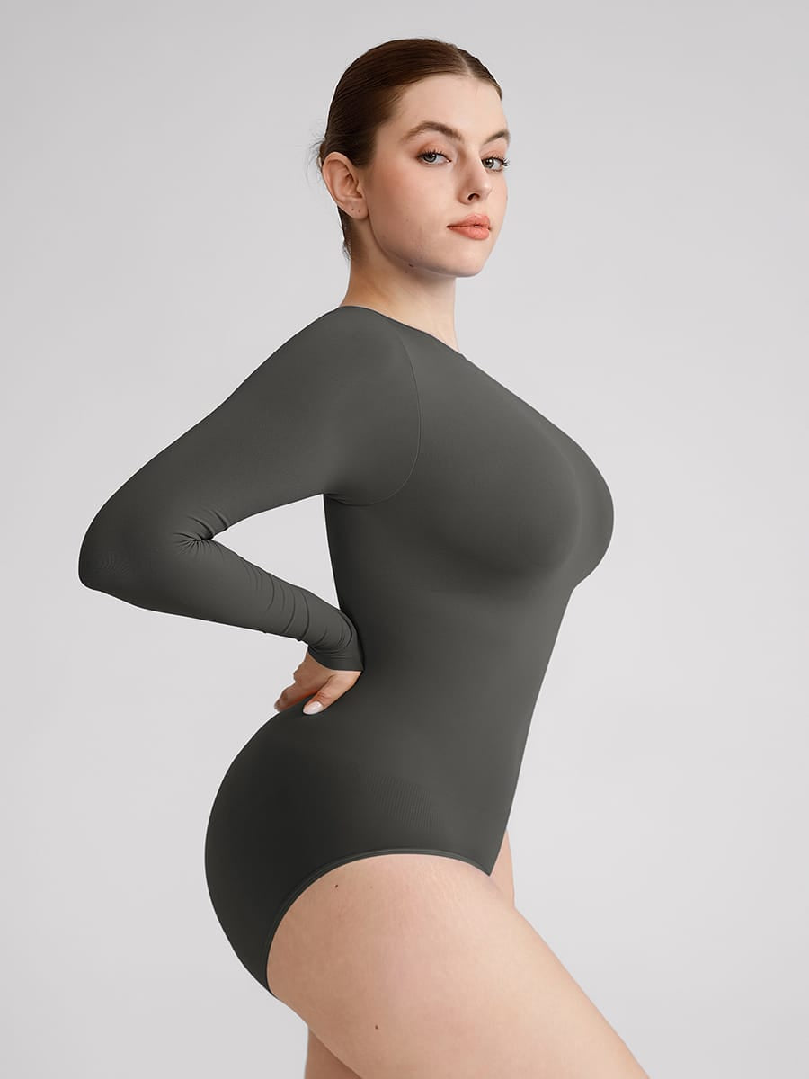 Wholesale Seamless Crew Neck Long Sleeve Tummy Control Snap Crotch Briefs Bodysuit SPU