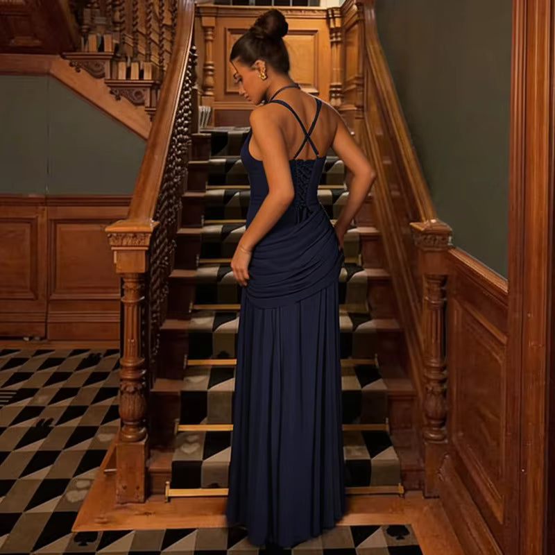 Robe longue moulante froncée dos nu à bretelles