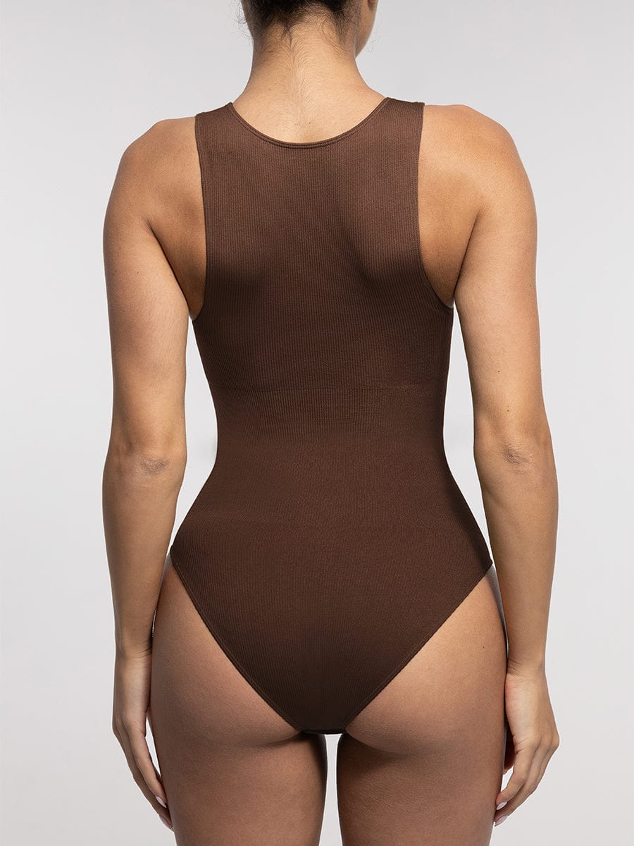 Wholesale Seamless Ribbed Zip Front Sleeveless Briefs Bodysuit