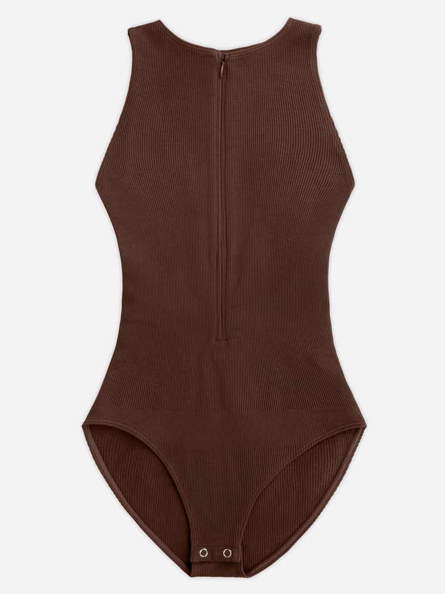 Wholesale Seamless Ribbed Zip Front Sleeveless Briefs Bodysuit