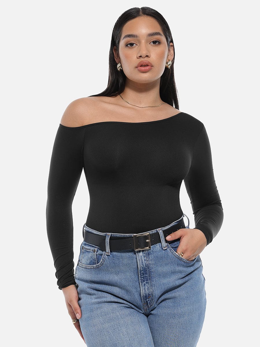 Wholesale Seamless Diagonal Neck Long Sleeve Waist Trimming Thong Bodysuit