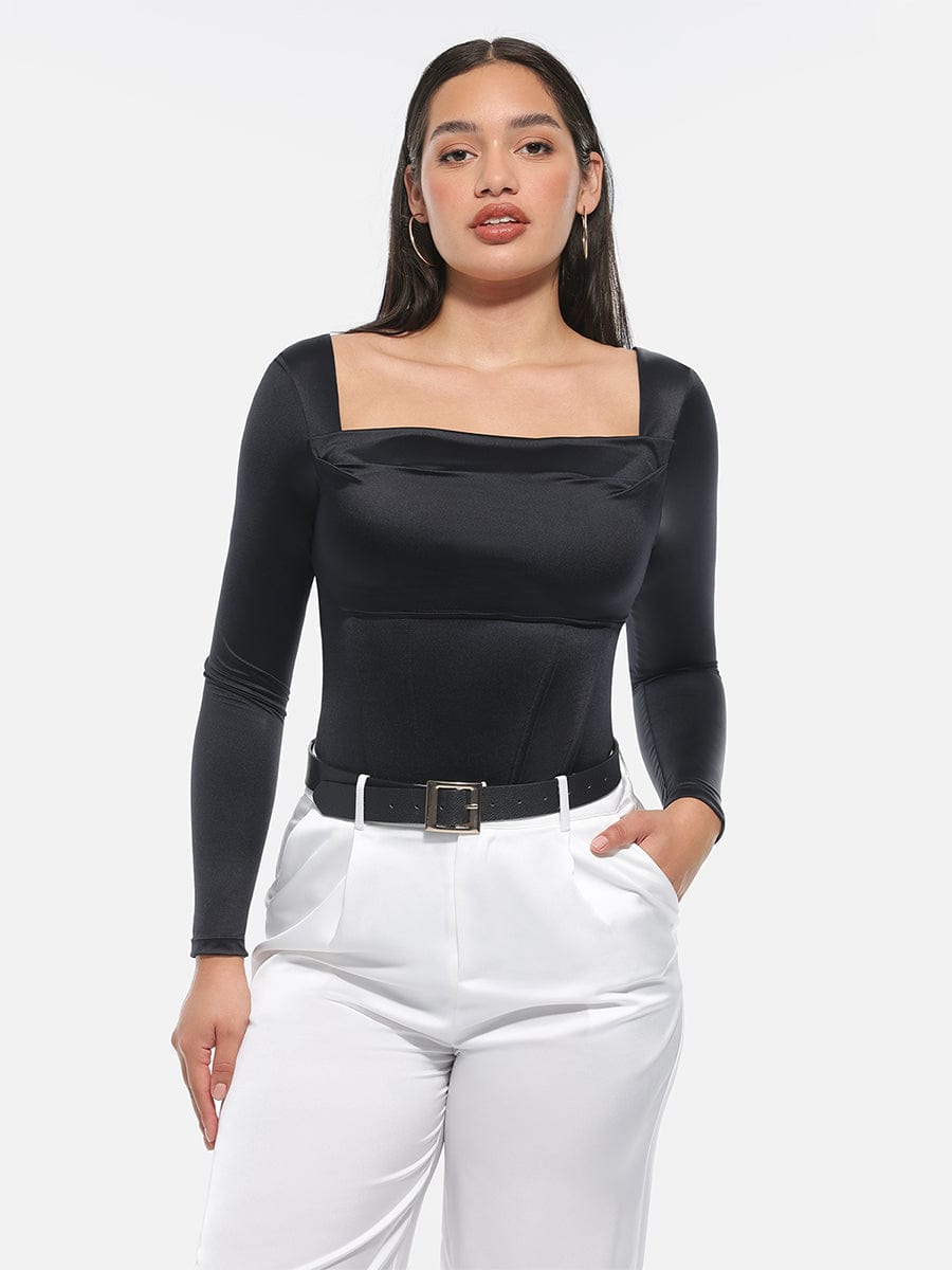 Wholesale Retro Square Neck Built in corset Tummy Control Bodysuit With removable coasters