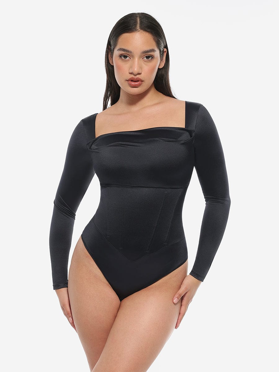 Wholesale Retro Square Neck Built in corset Tummy Control Bodysuit With removable coasters